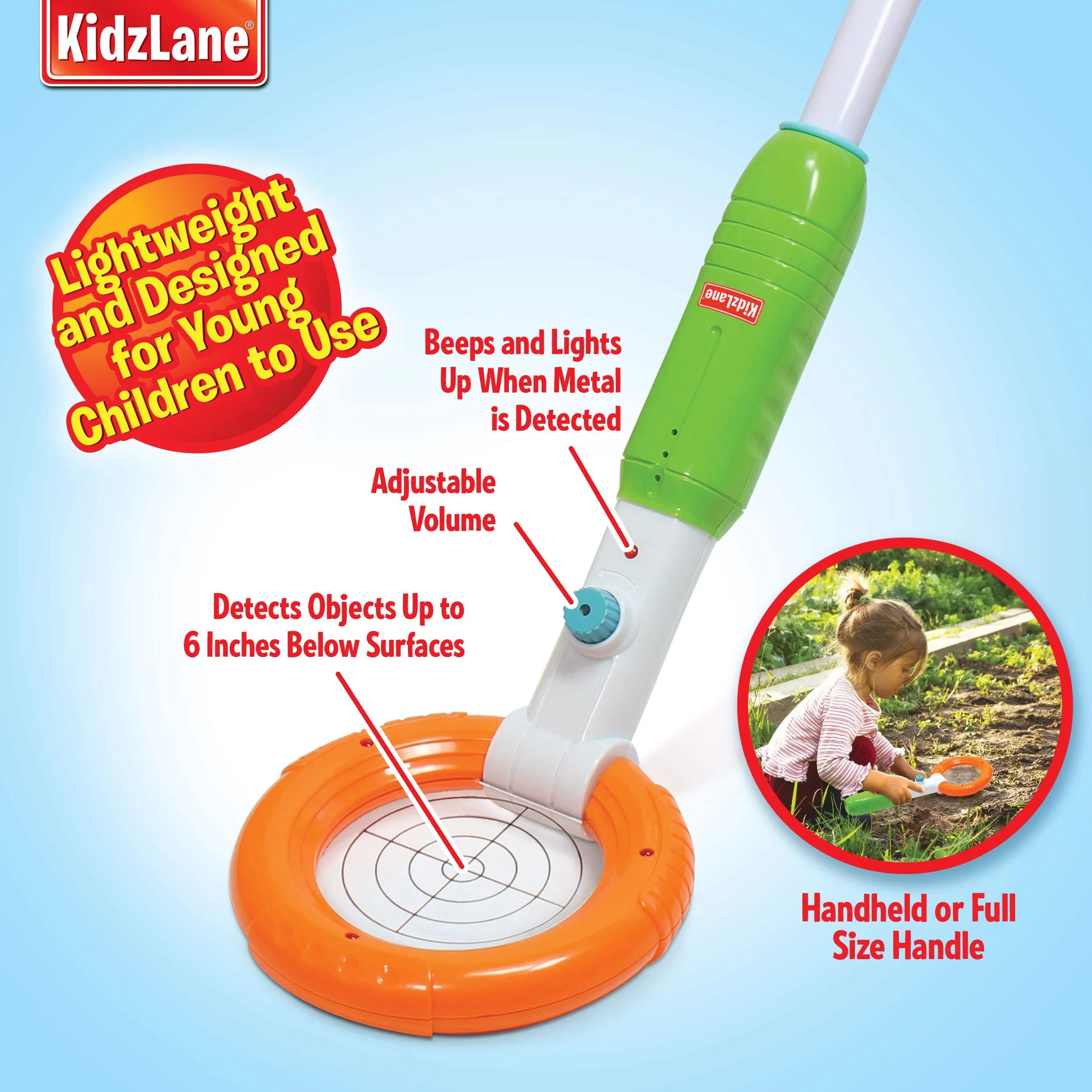 KidzLane Kids Metal Detector Wand (2-in-1) Handheld or Full-Size Handle | Junior Design