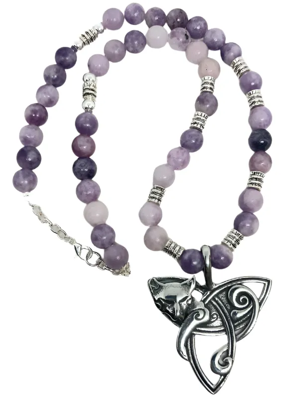 Triquetra Cat Necklace with Lepidolite Crystal