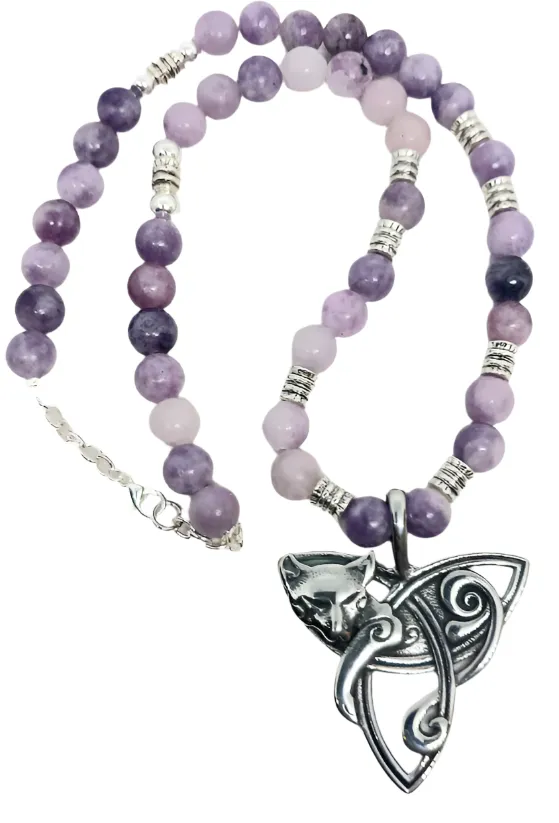 Triquetra Cat Necklace with Lepidolite Crystal